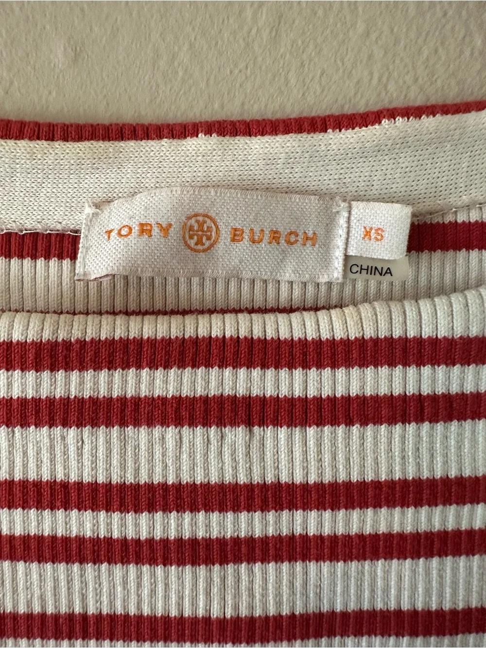 Tory Burch Red and Cream Striped Cotton Boatneck Knit Sweater, Sz XS
